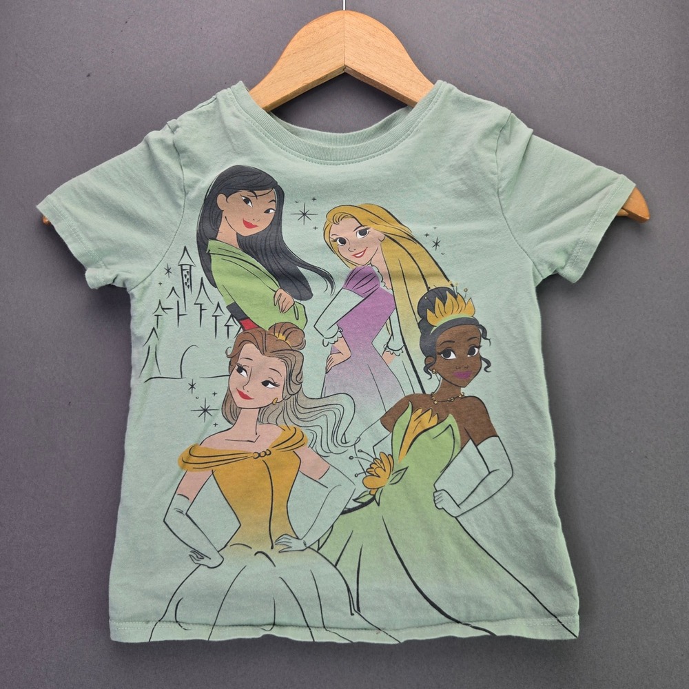 Disney Princess T-Shirt 5T Mint Green Mulan Rapunzel Belle Tiana Graphic Tee
